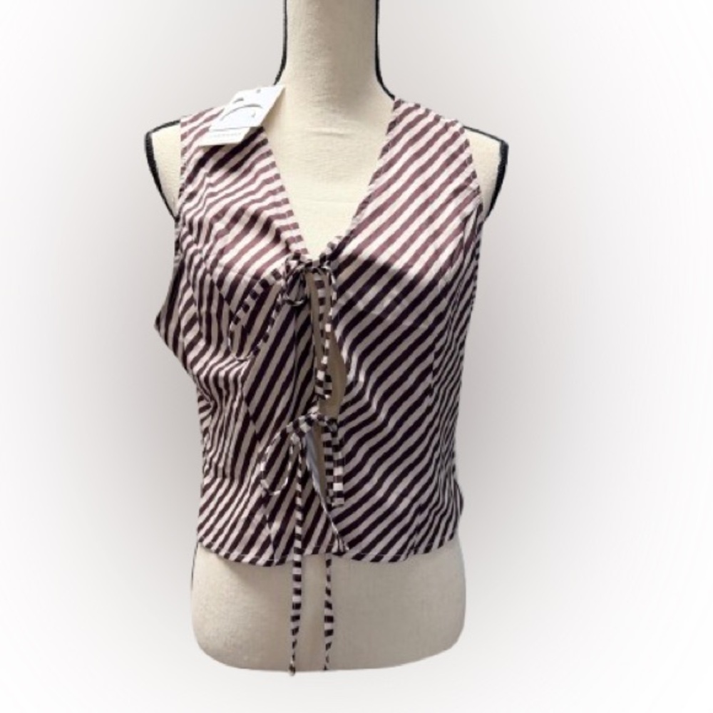 NWT Commense Brown White Stripe Tie Front Tank Top XL Cropped Summer Coastal